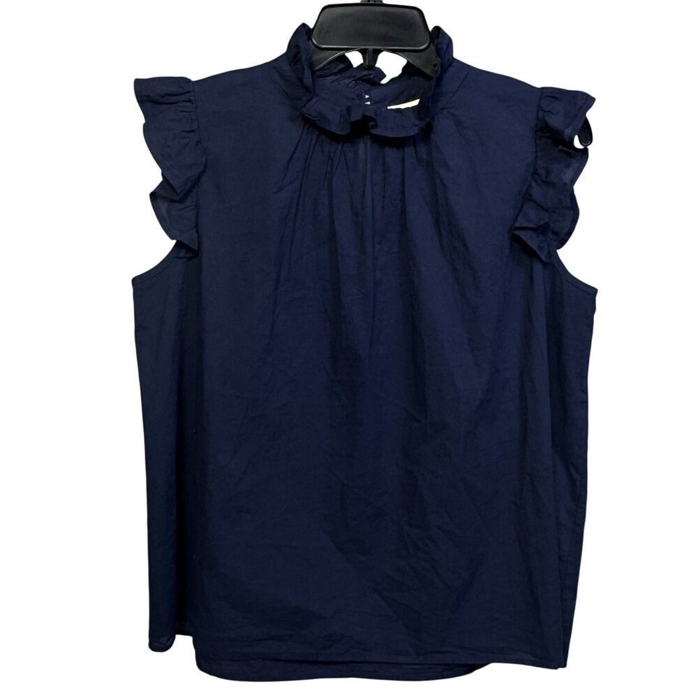 Stark X Ruffle Sleeve Blouse Top Size S Navy Blue Preppy Quiet Luxury Minimalist